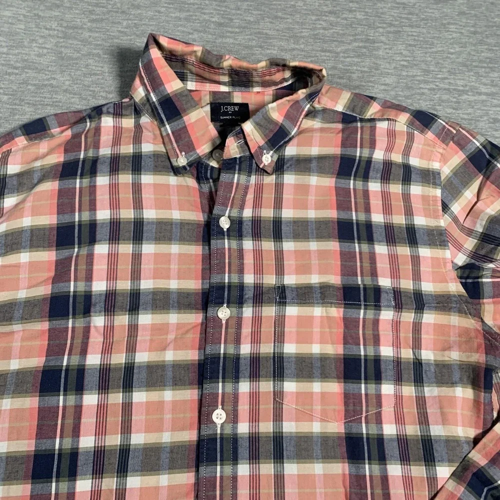 J Crew Shirt Mens Medium Pink Navy Plaid Summer Button‎ Down Long Sleeve Cotton